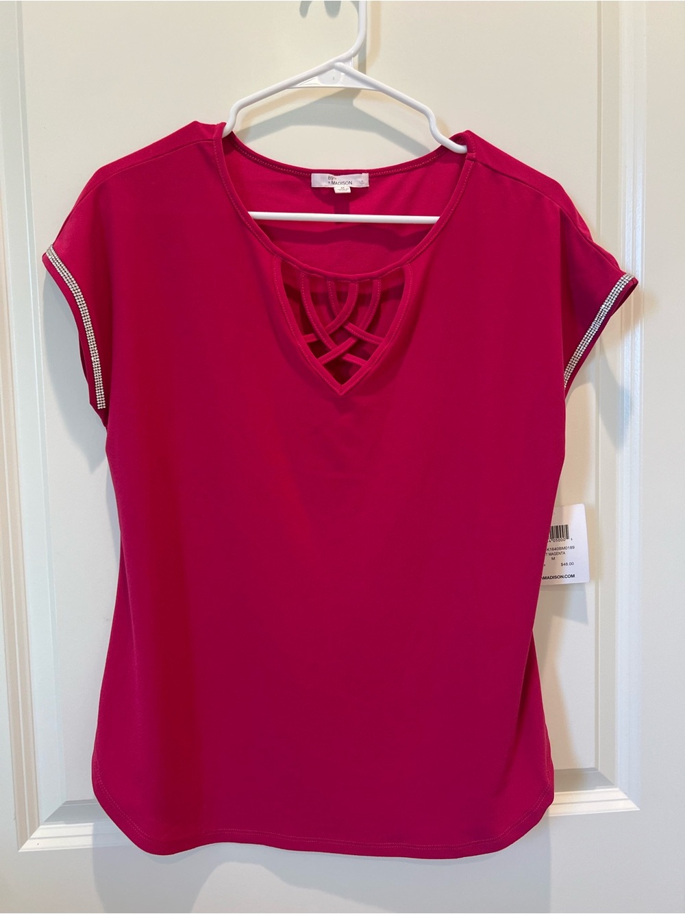 89th & Madison Fuchsia Lattice-Front Short Sleeve Top